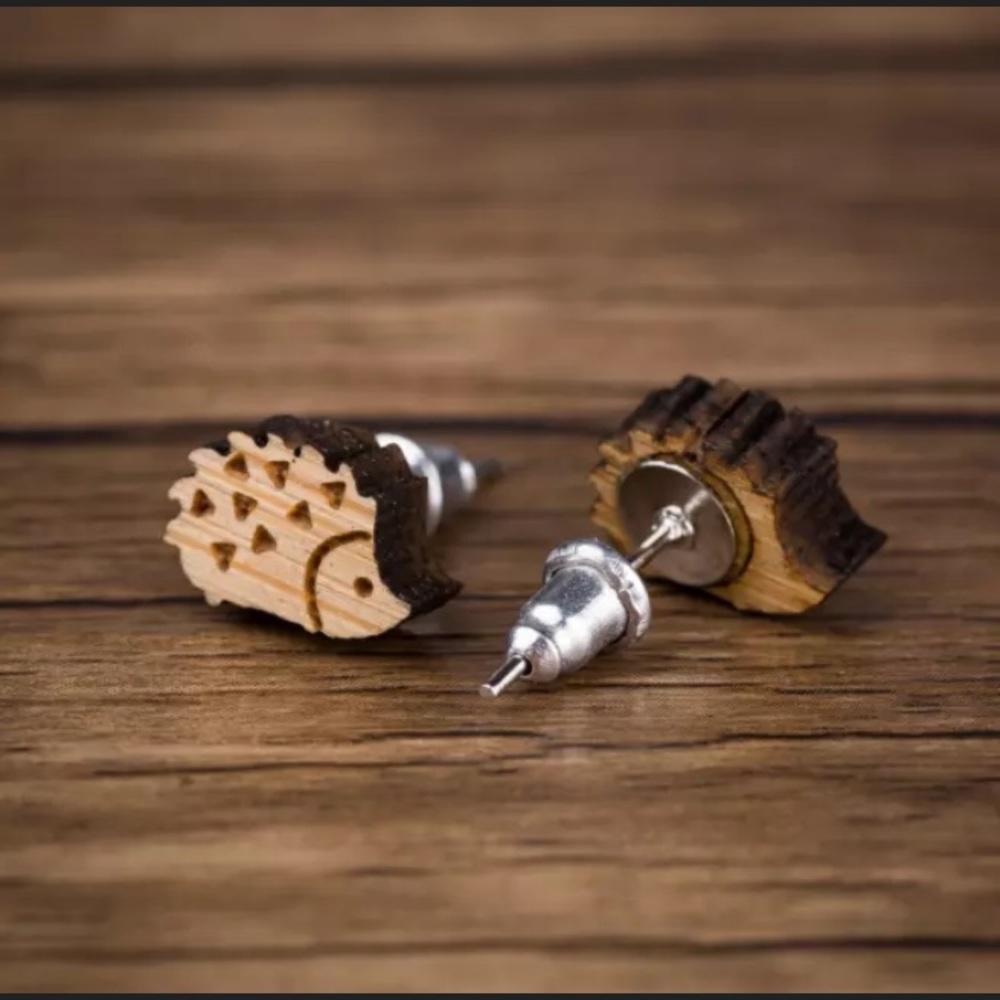 Wooden hedgehog earrings with canvas print change coin wallet purse set gift